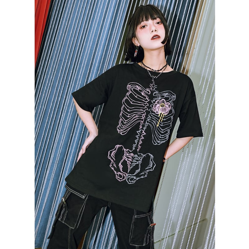 【古怪舍---花骨シリーズ】★チャイナ風トップス★ 2color 半袖 Tシャツ プリント 個性的 オリジナル ブラック ピンク