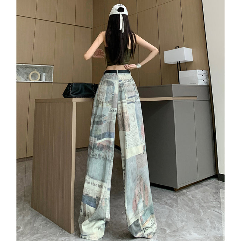 [OURI Series] ★Denim pants★ Trousers Bottoms Casual Easy to match Ladies Retro Print Unique