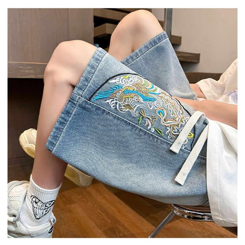 [WRZB Series] ★Chinese-style pants★ 2 colors, embroidered shorts, short pants, bottoms, unisex, men's, large size, denim