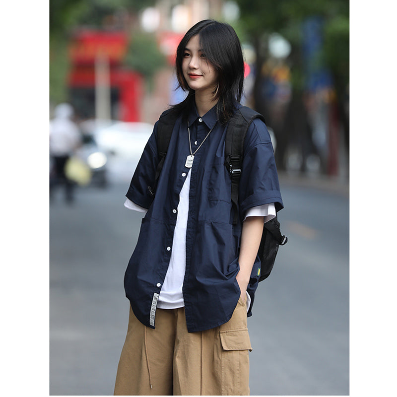 [JIWU series] ★Chinese style tops★ 2 colors Shirt Outerwear Short sleeve Denim Unisex Men's Casual Black Blue