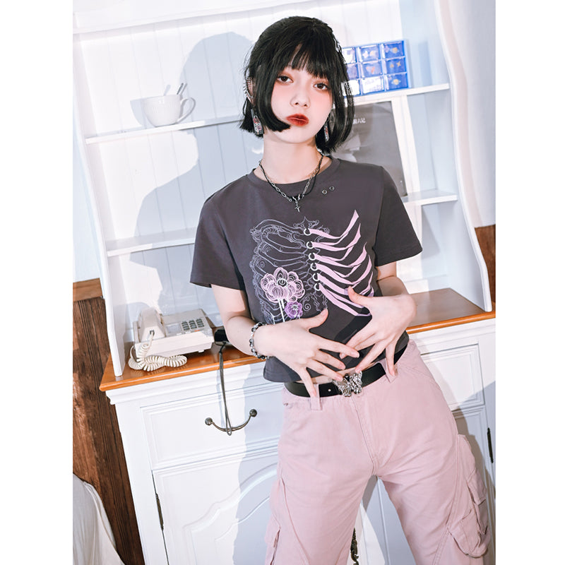 【古怪舍---花骨シリーズ】★チャイナ風トップス★ 2color 半袖 Tシャツ プリント 個性的 オリジナル レディース 黒 赤 灰