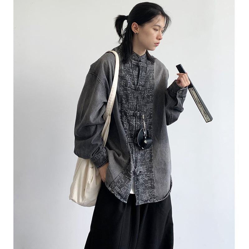 [JIWU series] ★Chinese style tops★ 2 colors Shirt Outerwear Short sleeve Denim Unisex Men's Casual Black Blue