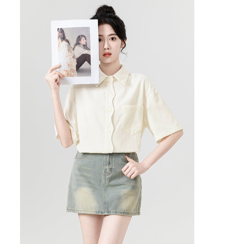 [WEIWU Series] ★Shirt★ 2 colors Short sleeve Tops for women Easy to match Improve your style Purple Beige