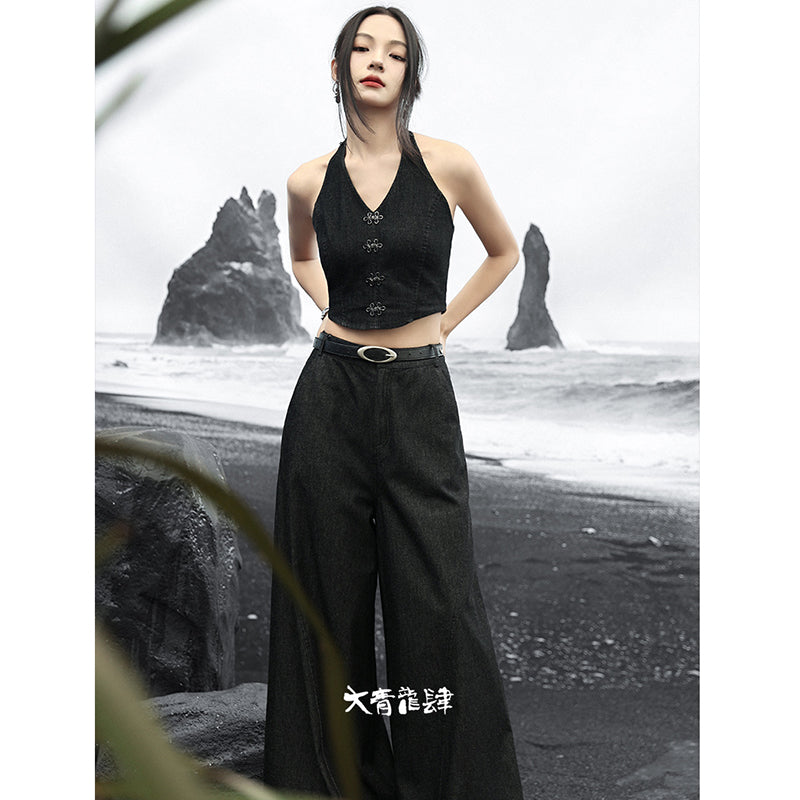 [Big Blue Dragon Series]★China style trousers★Bottoms Gaucho pants Loose Casual Black Black