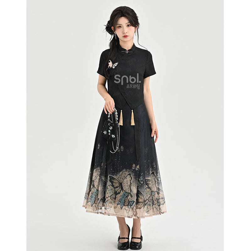 [Mori Onna Buraku Series] ★Chinese style skirt★ 2 types available Long length or short length Bottoms Butterfly Chinese clothing