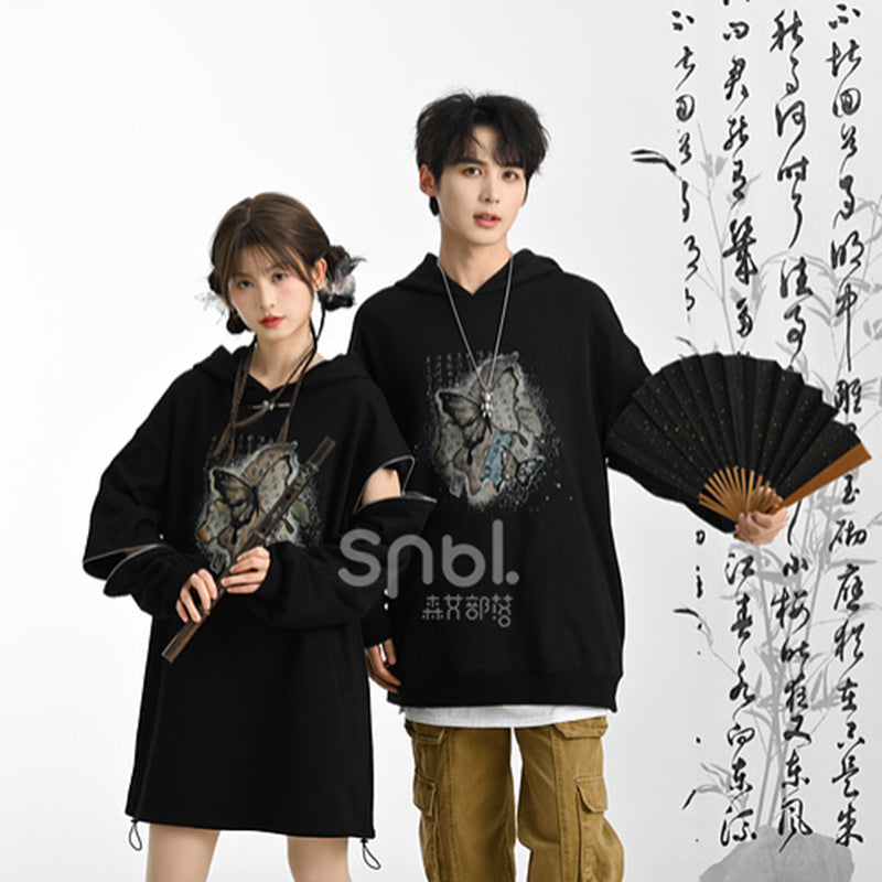 [Mori Onna Buraku Series]★China style top★ Parka Butterfly Unisex Men's Women's Cotton Black Black