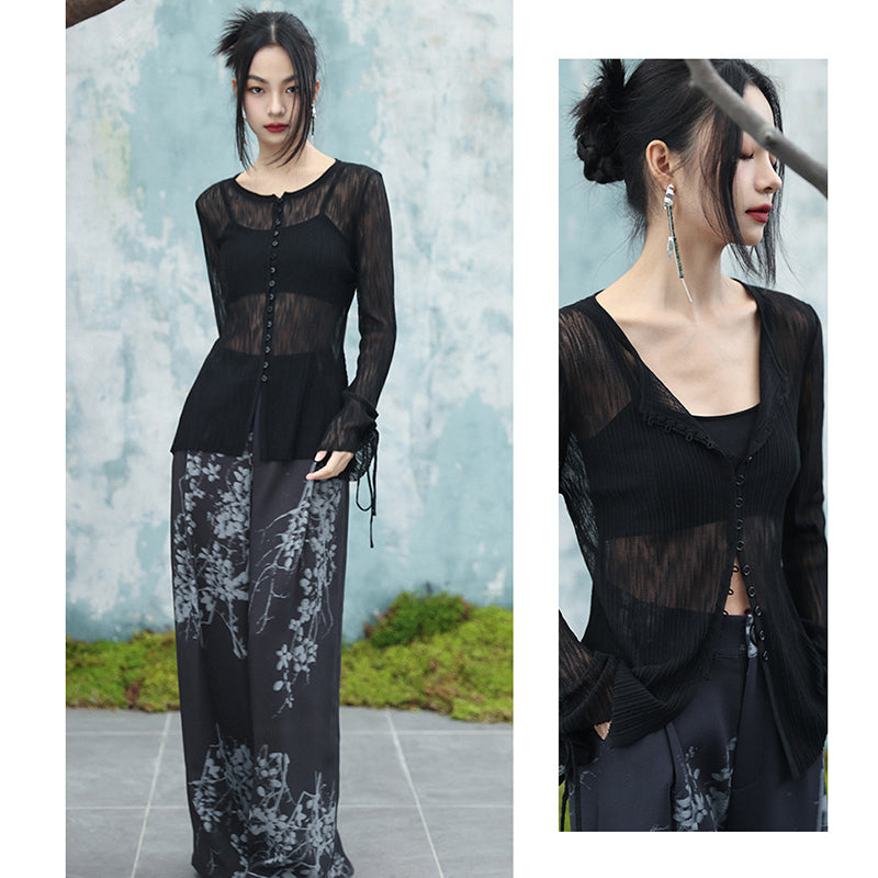 [Daiseiryuu 4 Series] ★Chinese-style top★ V-neck, sheer, long-sleeved shirt, sun protection, Chinese clothing, sexy, black