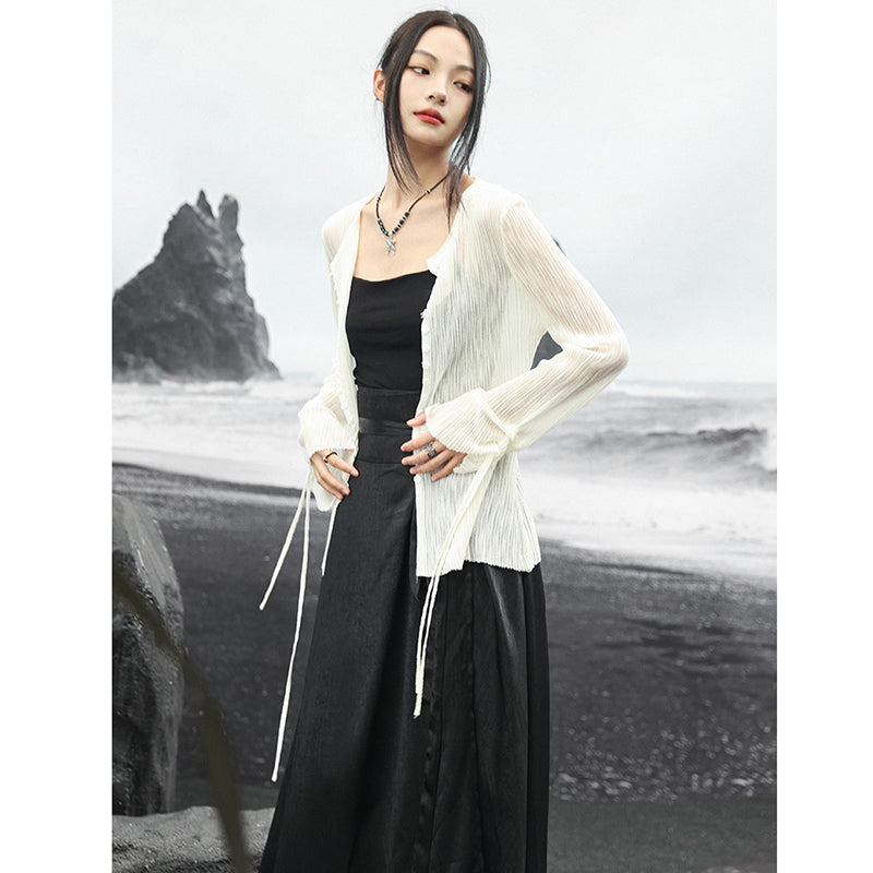 [Daiseiryuu 4 Series] ★Chinese-style top★ V-neck, sheer, long-sleeved shirt, sun protection, Chinese clothing, sexy, black