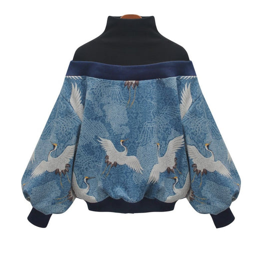 ✿ Great rating! Re-release! ✿Very popular ★Tops★ Printed Crane pattern Women's fashion Long sleeves Layered style High neck Color scheme