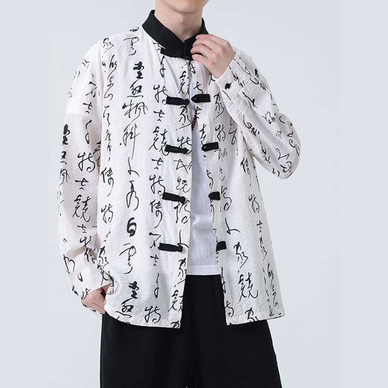 [YISHUO Series] ★China style shirt★ Long sleeve shirt Letter pattern Unisex Men's Large size Improved Tang suit Retro