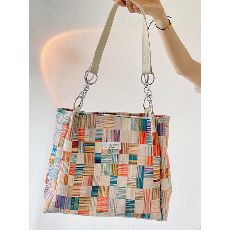 [JaneBeauty Series]★Bag★ Shoulder Large Capacity Graffiti Print Commuting Office Lady Date School Plaid Pattern Graffiti Color