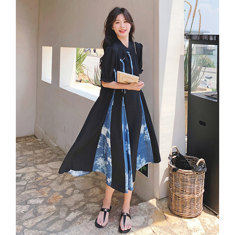 [YANYAN series] ★Chinese style dress★ Switching, fake layered, Chinese buttons, black