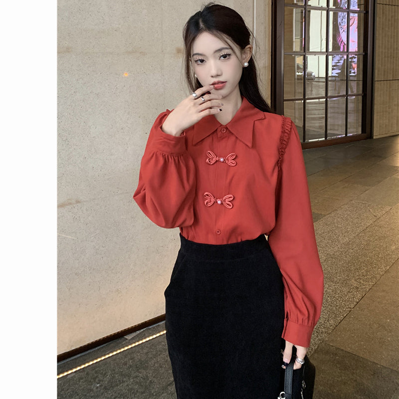 [KEKELI Series]★China style shirt★ 2color tops long sleeve shirt cute easy to match ladies