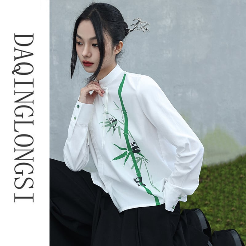 [Da Qinglong Shu Series] ★Chinese style tops★ Shirt, long sleeve shirt, bamboo panda print, white, white