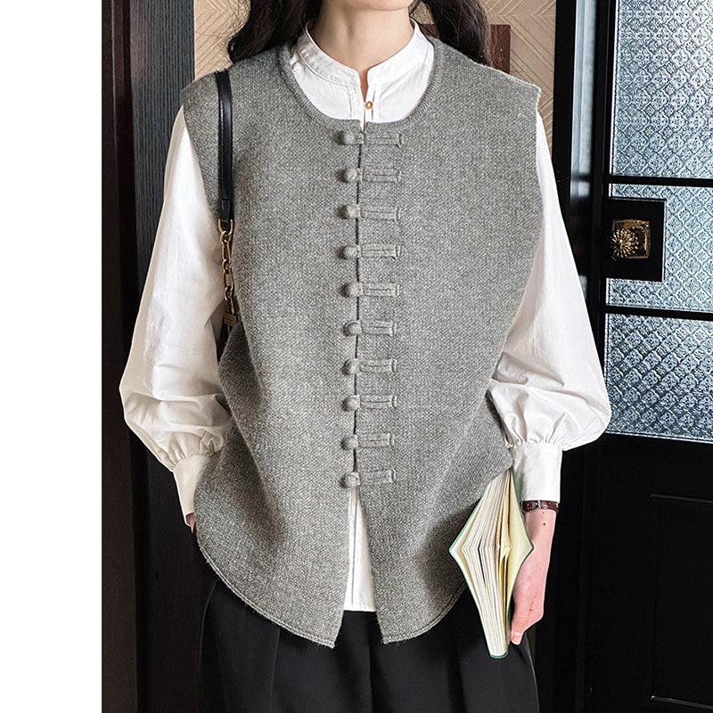 [Tachibana Series] ★China style tops★ 4color Vest Knit Ladies Improves temperament Black Gray Light Green Brown