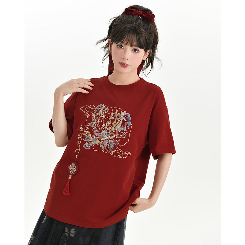 【森女部落---魚躍龍門シリーズ】★チャイナ風トップス★ Tシャツ 半袖 刺繍 コットン レッド 赤い カジュアル