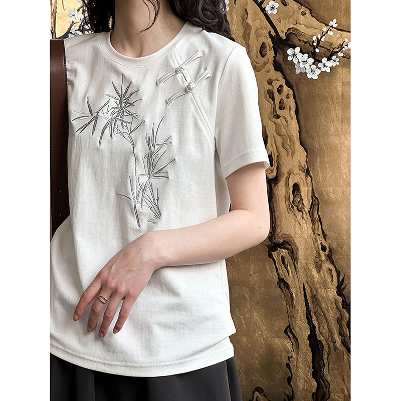 [Tachibana Series] ★China Style T-shirt★ 2color Tops Bamboo Embroidery Women's Chinese Clothing Improves Temperament Cotton