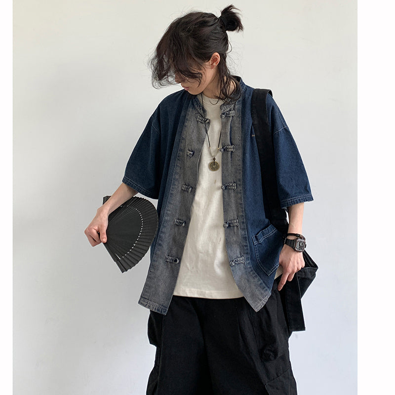 [JIWU series] ★Chinese style tops★ 2 colors Shirt Outerwear Short sleeve Denim Unisex Men's Casual Black Blue