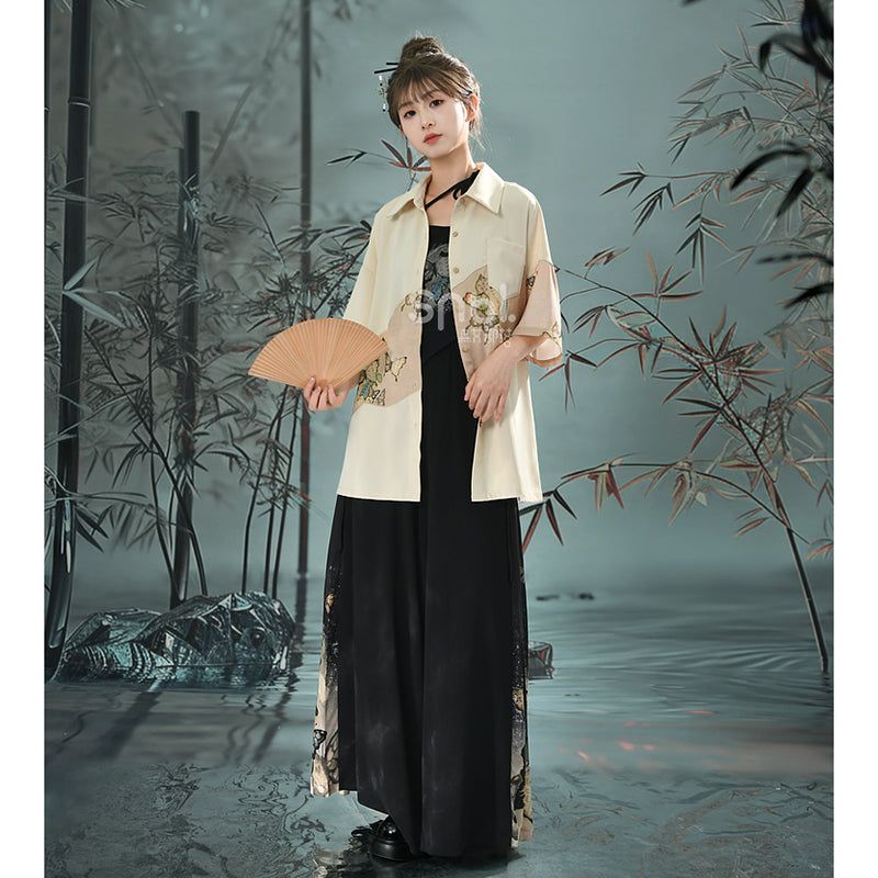 [Kokaisha---Butterfly Gin Series] Chinese-style trousers, bottoms, gaucho pants, original, slimming, switching, floral pattern