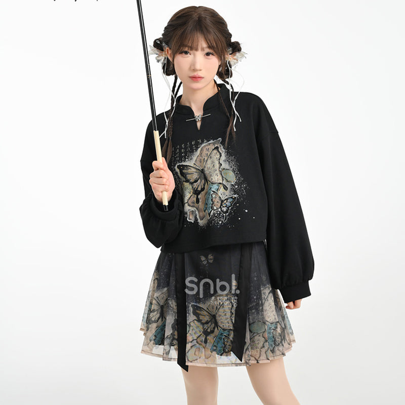 [Mori Onna Buraku Series] ★Chinese style skirt★ 2 types available Long length or short length Bottoms Butterfly Chinese clothing