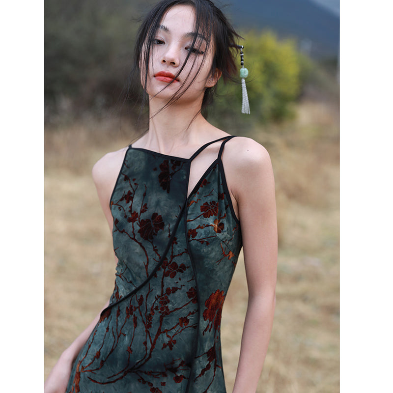 [Daiseiryuu 4 Series] ★Chinese-style dress★ Tie-dyed dress, slimming, Chinese clothing, slit, green