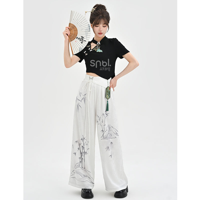 [Kokaisha---Butterfly Gin Series] Chinese-style trousers, bottoms, gaucho pants, original, slimming, switching, floral pattern