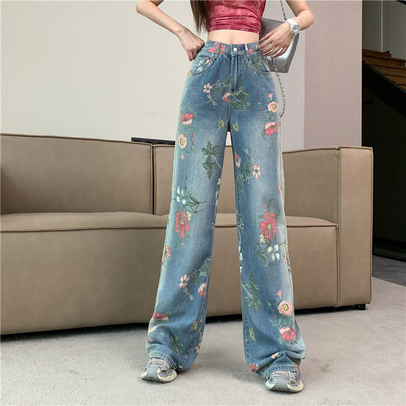 [KAHY Series] ★Denim pants★ Trousers Bottoms Casual Floral Blue Stylish Print