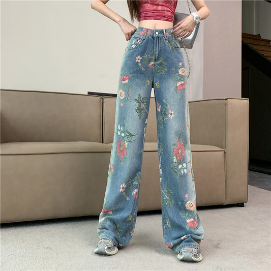 [KAHY Series] ★Denim pants★ Trousers Bottoms Casual Floral Blue Stylish Print