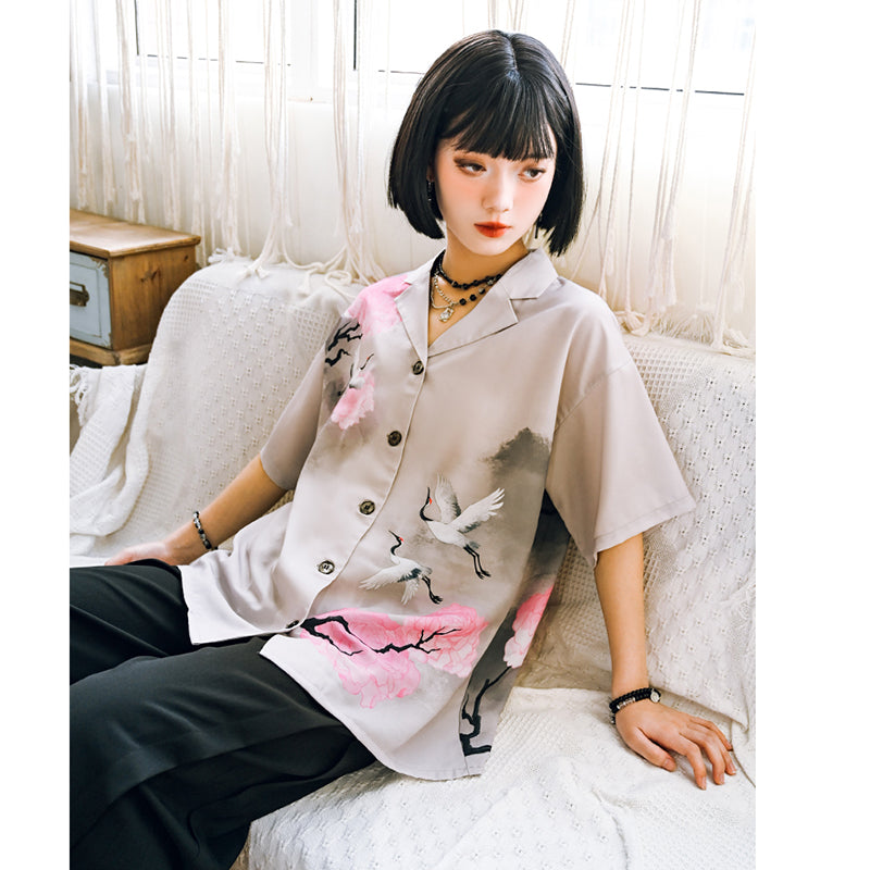 [Kogaesha---Crane Series] ★Chinese-style top★ Short-sleeved shirt, unique, original crane print