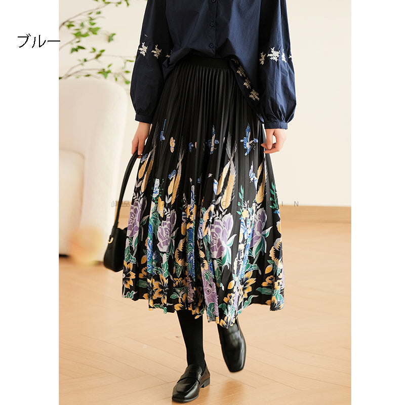 [XIAOER Series]★China style skirt★ 3color floral pattern skirt bottoms elastic waist, easy to match for commuting, dates