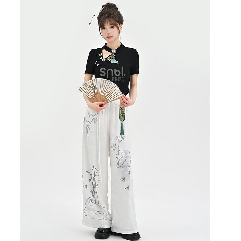 [Kokaisha---Butterfly Gin Series] Chinese-style trousers, bottoms, gaucho pants, original, slimming, switching, floral pattern