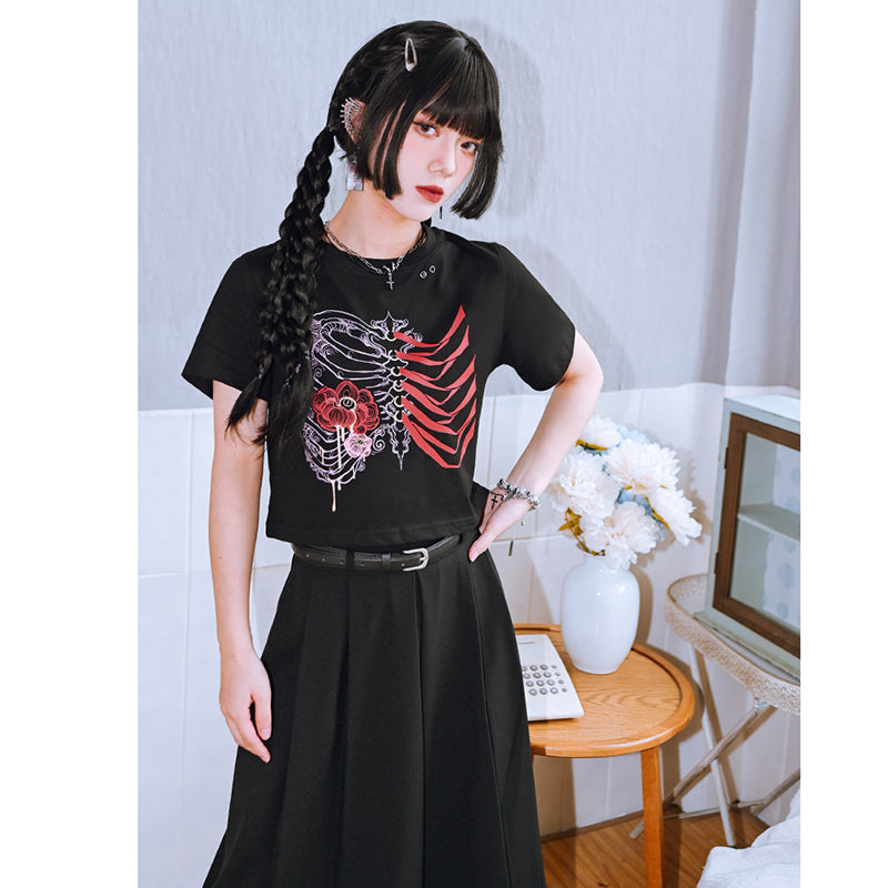 [Kogaesha---Flower Bone Series] ★Chinese-style tops★ 2 colors Short-sleeved T-shirt Print Unique Original Women's Black Red Gray