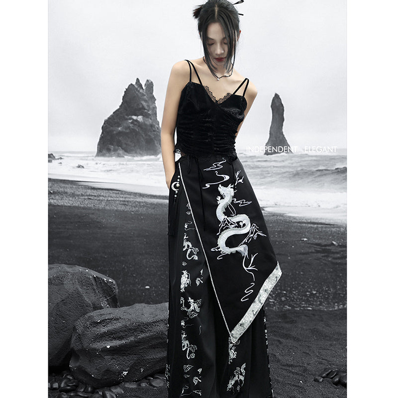 [Big Blue Dragon Series]★China style trousers★Bottoms Gaucho pants Loose Casual Black Black