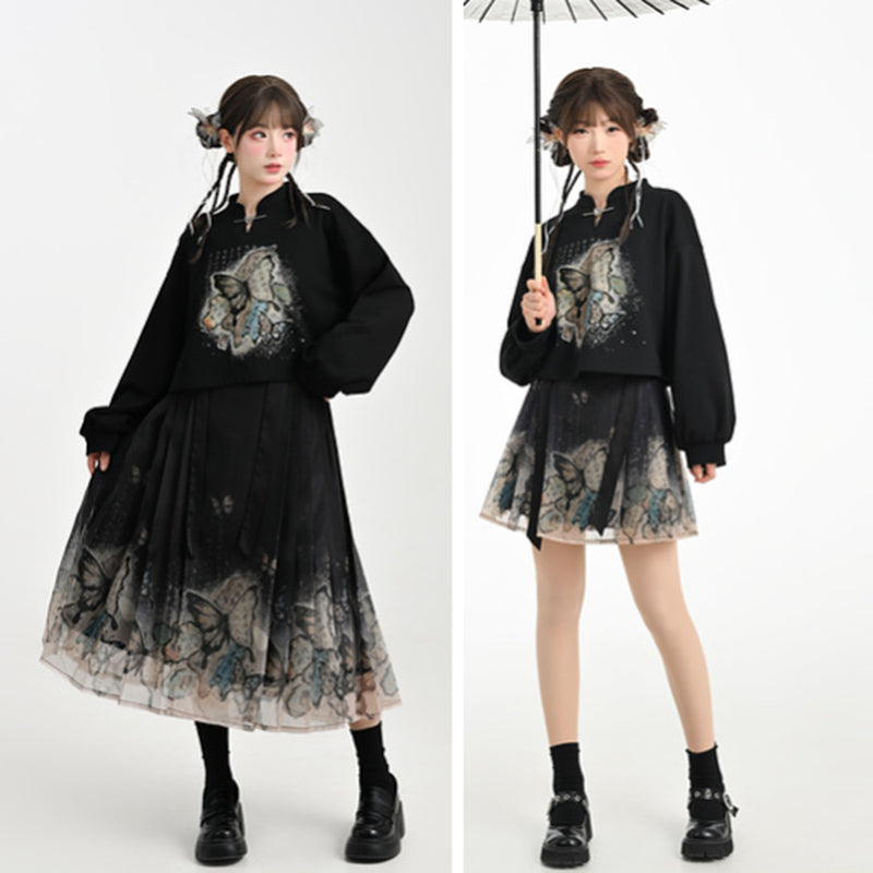 [Mori Onna Buraku Series] ★Chinese style skirt★ 2 types available Long length or short length Bottoms Butterfly Chinese clothing