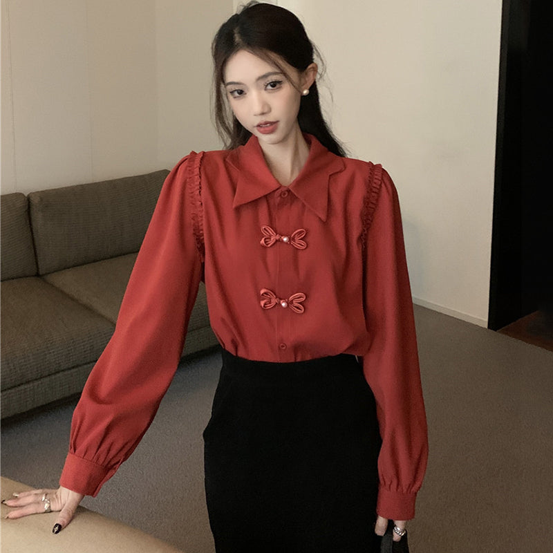 [KEKELI Series]★China style shirt★ 2color tops long sleeve shirt cute easy to match ladies