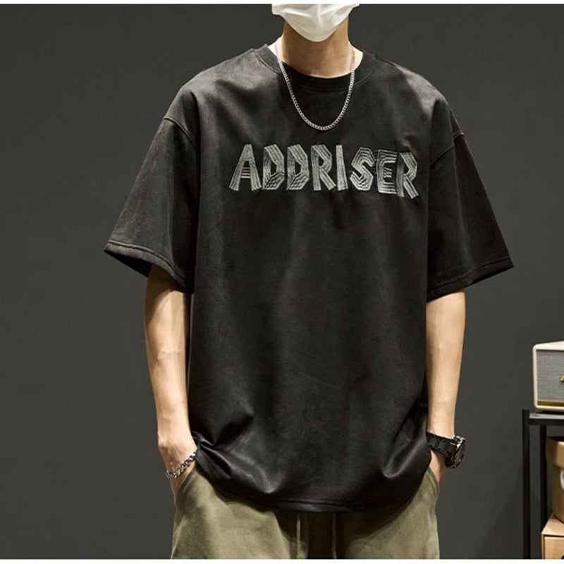 [SZON Series]★T-shirt★ 3color embroidery tops Unisex Men's Suede Black Apricot Coffee Color