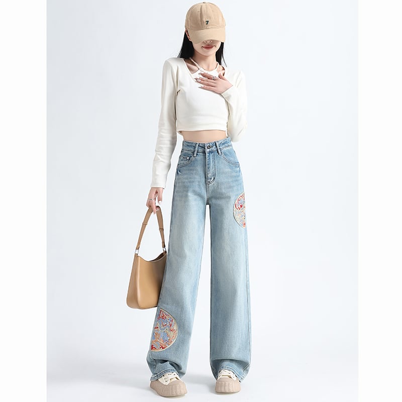 [KUDOU Series]★China style trousers★ 2color embroidery bottoms denim pants ladies fashion jeans