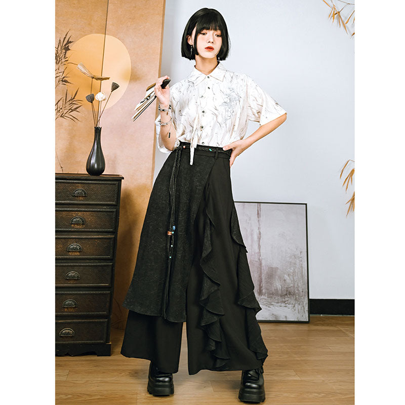 [Kokaisha---Tsubakino Series] ★Chinese-style trousers★ Bottoms Gaucho pants Irregular Black Culottes skirt