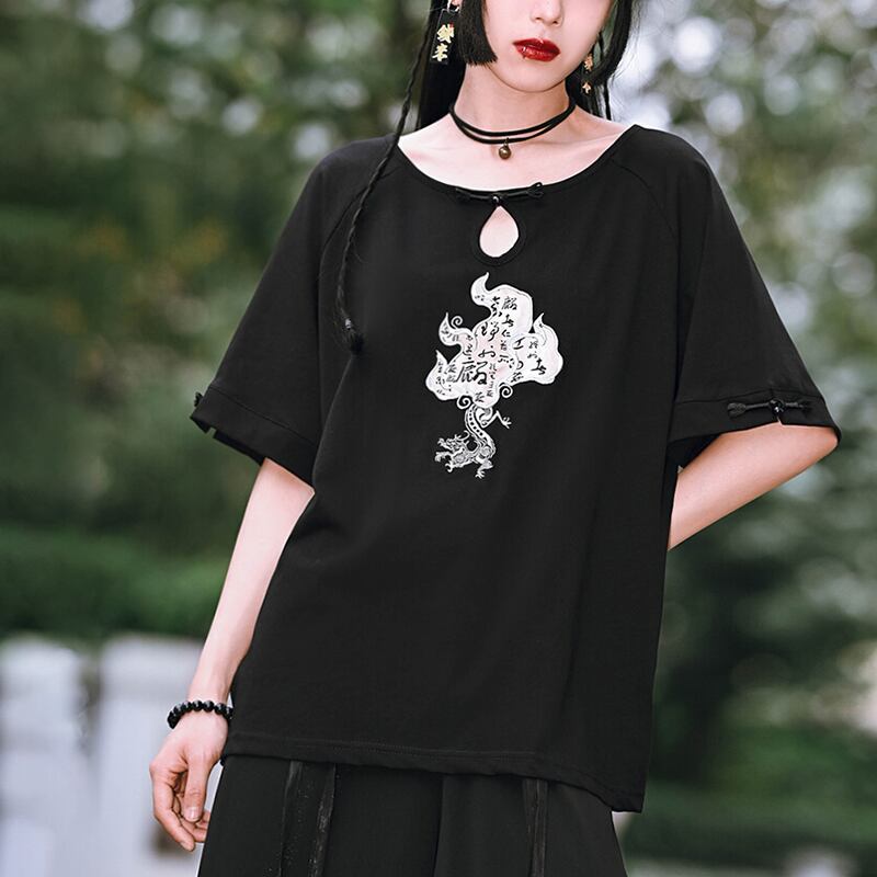 【古怪舍---麒麟シリーズ】★チャイナ風トップス★ Tシャツ 刺繍 コットン 合わせやすい ブラック 黒い