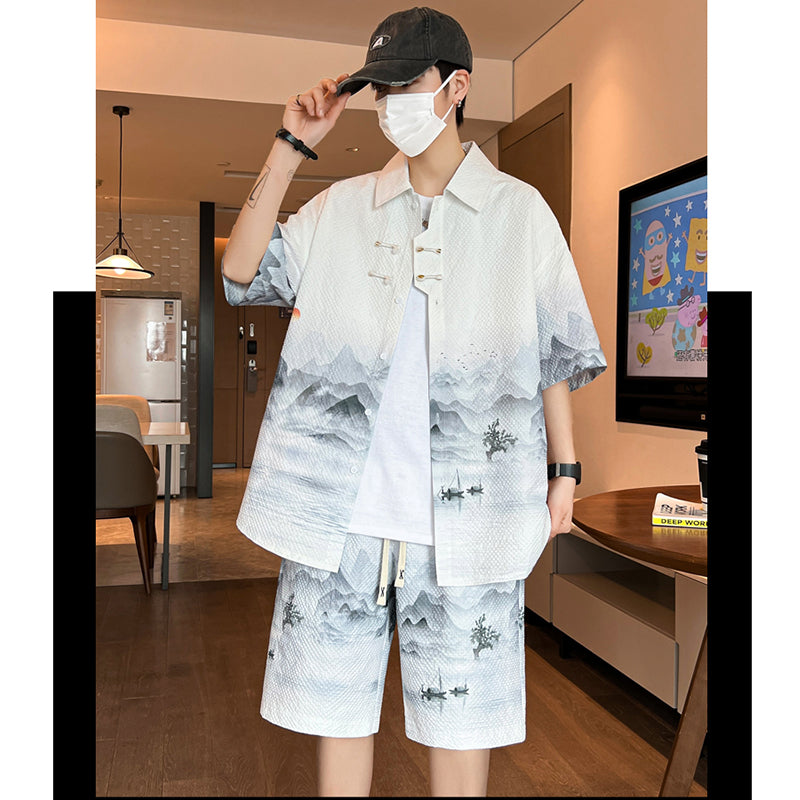 [WUSHE Series] ★Chinese style set up★ 3 colors Shirt + shorts Unisex Men's Large size Cool