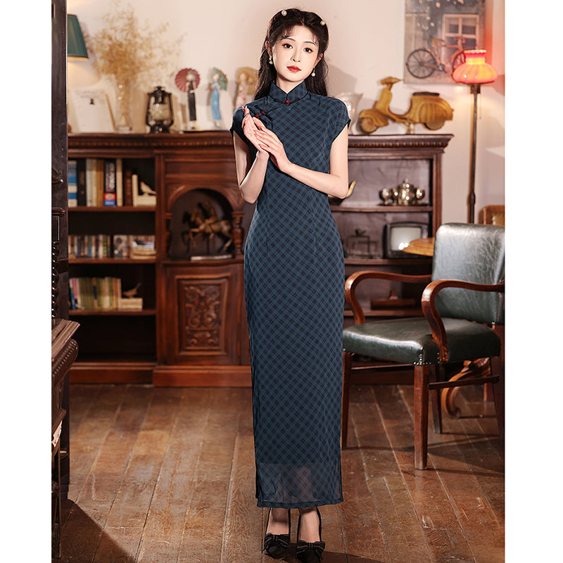 [HLQ Series] ★Chinese Dress★ Chinese-style dress, check pattern, retro, Republic of China style, long length, elegant