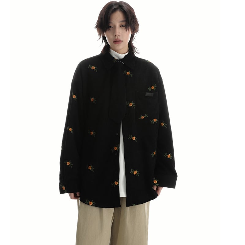 [SAMEUOO Series]★Shirt with tie★ 2color embroidery long sleeve shirt tops corduroy unisex men's