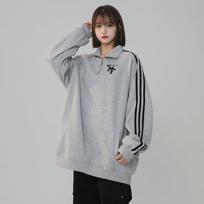 [Fujiiman series] ★Tops★ 3color sweatshirt POLO neck unisex men's vertical striped striped pattern gray white black