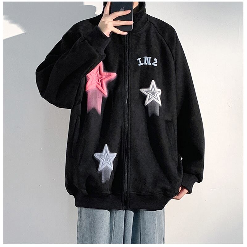 [ZUNKUN series]★Jacket★ 3color outerwear unisex men's suede star pattern brown black green