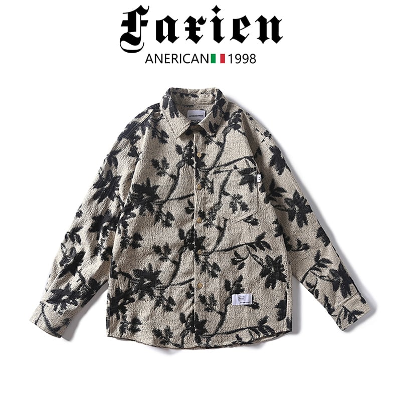 [FAXIEN Series]★Shirt★ Tops, Floral pattern shirt, Long sleeve shirt, Thick, Unisex, Men's, Ink pattern, Retro