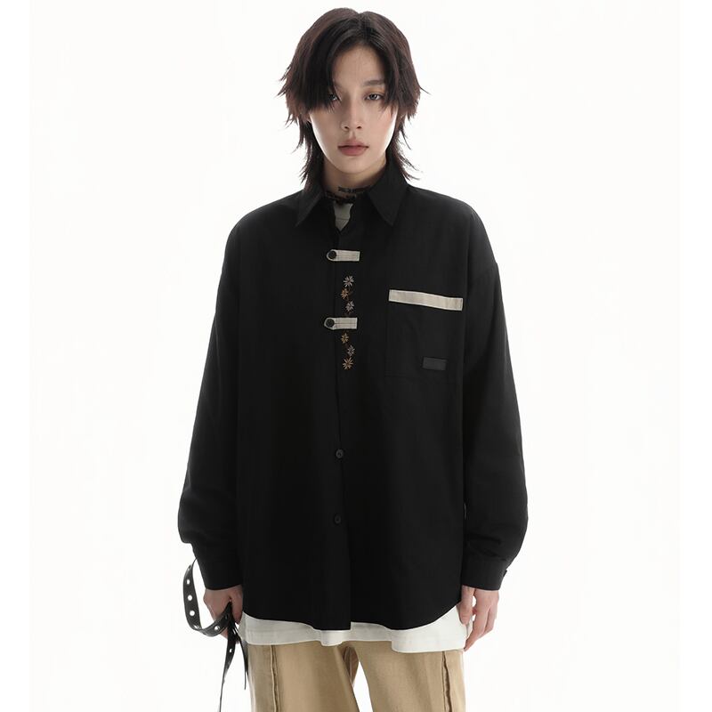 [SAMEUOO Series]★Shirt★ 2color Embroidery Long Sleeve Shirt Tops Unisex Men's Apricot Black