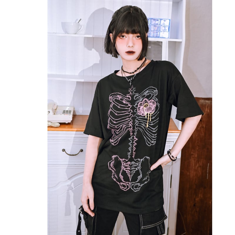 【古怪舍---花骨シリーズ】★チャイナ風トップス★ 2color 半袖 Tシャツ プリント 個性的 オリジナル ブラック ピンク