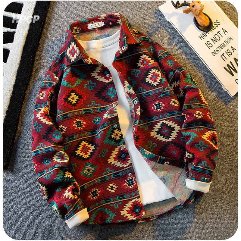 [HPCP Series]★Shirt★ Tops Unisex Men's Casual Ethnic Style Folk Style Shirt Outerwear Red Red