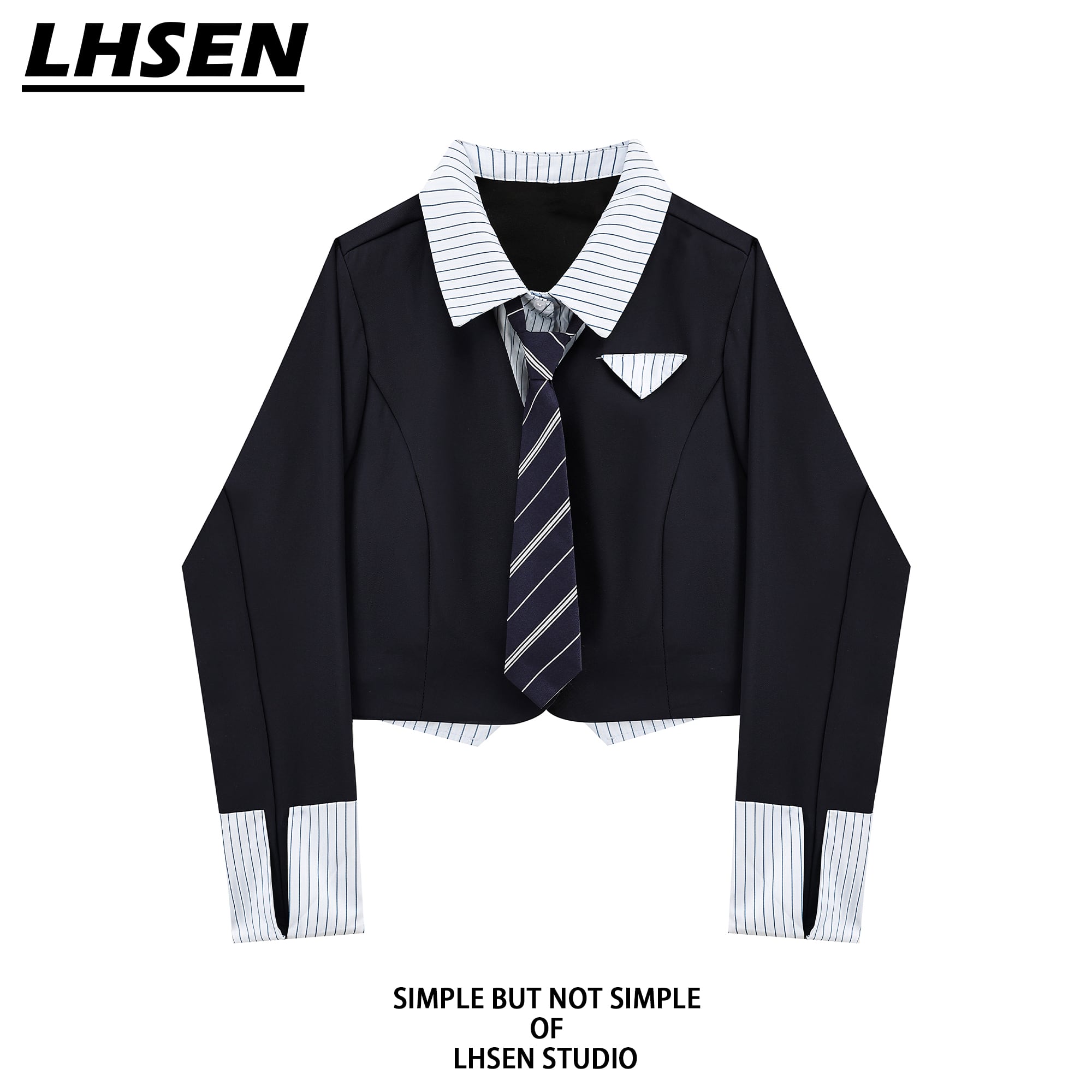 [LHSEN Series] ★Tops★ Shirt with tie Ladies mini length fake layered navy