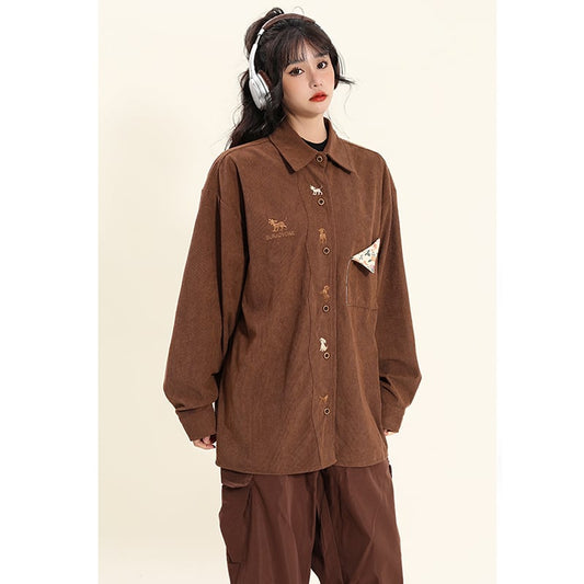 [YOYO Series]★Shirt★ 2color long sleeve shirt corduroy unisex men's cartoon apricot coffee color